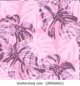 Tropical Pattern. Seamless Texture with Bright Hand Drawn Leaves of Monstera. Spring Rapport for Paper, Textile, Wallpaper. Vector Seamless Background with Tropic Plants. Watercolor Effect.
