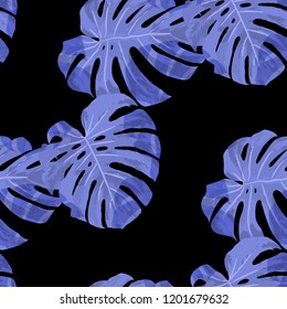 Tropical Pattern. Seamless Texture with Bright Hand Drawn Leaves of Monstera. Summer Rapport for Print, Paper, Swimwear. Vector Seamless Background with Tropic Plants. Watercolor Effect.