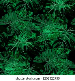 Tropical Pattern. Seamless Texture with Bright Hand Drawn Leaves of Monstera. Bright Rapport for Print, Paper, Swimwear. Vector Seamless Background with Tropic Plants. Watercolor Effect.