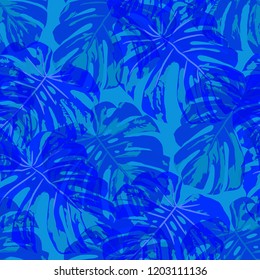 Tropical Pattern. Seamless Texture with Bright Hand Drawn Leaves of Exotic Tree. Spring Rapport for Paper, Cloth, Wallpaper. Vector Seamless Background with Tropic Plants. Watercolor Effect.