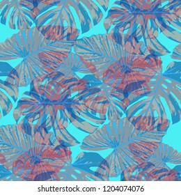 Tropical Pattern. Seamless Texture with Bright Hand Drawn Leaves of Exotic Tree. Summer Rapport for Print, Cloth, Fabric. Vector Seamless Background with Tropic Plants. Watercolor Effect.