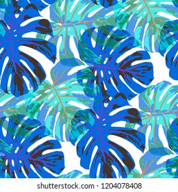 Tropical Pattern. Seamless Texture with Bright Hand Drawn Leaves of Monstera. Trendy Rapport for Print, Textile, Fabric. Vector Seamless Background with Tropic Plants. Watercolor Effect.