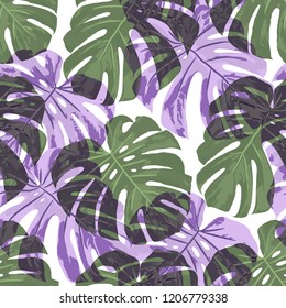 Tropical Pattern. Seamless Texture with Bright Hand Drawn Leaves of Exotic Tree. Summer Rapport for Paper, Cloth, Fabric. Vector Seamless Background with Tropic Plants. Watercolor Effect.