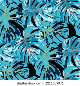 Tropical Pattern. Seamless Texture with Bright Hand Drawn Leaves of Monstera. Summer Rapport for Print, Textile, Swimwear. Vector Seamless Background with Tropic Plants. Watercolor Effect.