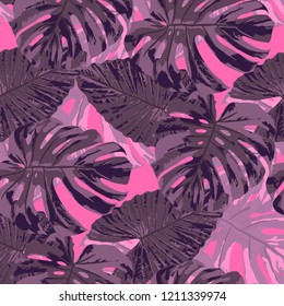 Tropical Pattern. Seamless Texture with Bright Hand Drawn Leaves of Monstera. Spring Rapport for Calico, Textile, Swimwear. Vector Seamless Background with Tropic Plants. Watercolor Effect.