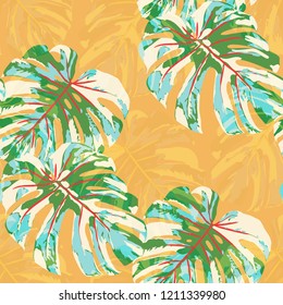 Tropical Pattern. Seamless Texture with Bright Hand Drawn Leaves of Exotic Tree. Summer Rapport for Calico, Textile, Swimwear. Vector Seamless Background with Tropic Plants. Watercolor Effect.