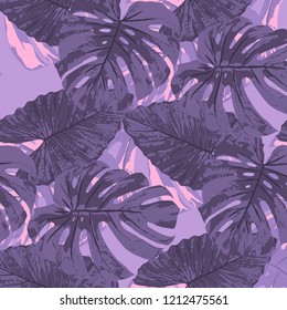 Tropical Pattern. Seamless Texture with Bright Hand Drawn Leaves of Exotic Tree. Summer Rapport for Paper, Cloth, Wallpaper. Vector Seamless Background with Tropic Plants. Watercolor Effect.
