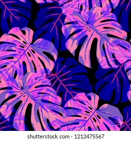 Tropical Pattern. Seamless Texture with Bright Hand Drawn Leaves of Monstera. Trendy Rapport for Paper, Cloth, Fabric. Vector Seamless Background with Tropic Plants. Watercolor Effect.