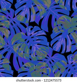 Tropical Pattern. Seamless Texture with Bright Hand Drawn Leaves of Exotic Tree. Trendy Rapport for Print, Paper, Swimwear. Vector Seamless Background with Tropic Plants. Watercolor Effect.