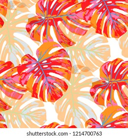 Tropical Pattern. Seamless Texture with Bright Hand Drawn Leaves of Exotic Tree. Bright Rapport for Print, Cloth, Fabric. Vector Seamless Background with Tropic Plants. Watercolor Effect.
