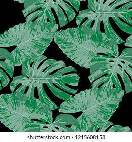 Tropical Pattern. Seamless Texture with Bright Hand Drawn Leaves of Monstera. Bright Rapport for Paper, Textile, Wallpaper. Vector Seamless Background with Tropic Plants. Watercolor Effect.
