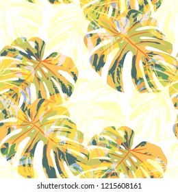 Tropical Pattern. Seamless Texture with Bright Hand Drawn Leaves of Monstera. Bright Rapport for Print, Textile, Fabric. Vector Seamless Background with Tropic Plants. Watercolor Effect.