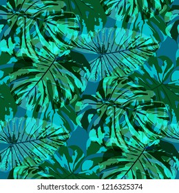 Tropical Pattern. Seamless Texture with Bright Hand Drawn Leaves of Monstera. Summer Rapport for Paper, Cloth, Fabric. Vector Seamless Background with Tropic Plants. Watercolor Effect.