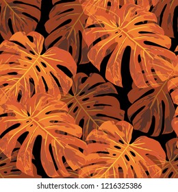 Tropical Pattern. Seamless Texture with Bright Hand Drawn Leaves of Monstera. Trendy Rapport for Print, Cloth, Fabric. Vector Seamless Background with Tropic Plants. Watercolor Effect.