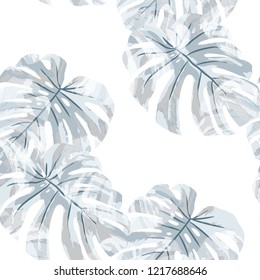 Tropical Pattern. Seamless Texture with Bright Hand Drawn Leaves of Exotic Tree. Spring Rapport for Print, Textile, Swimwear. Vector Seamless Background with Tropic Plants. Watercolor Effect.