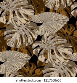 Tropical Pattern. Seamless Texture with Bright Hand Drawn Leaves of Monstera. Spring Rapport for Print, Textile, Fabric. Vector Seamless Background with Tropic Plants. Watercolor Effect.