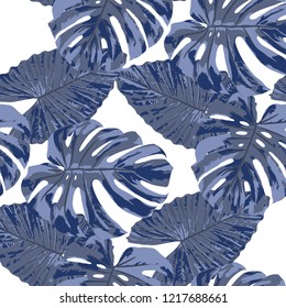 Tropical Pattern. Seamless Texture with Bright Hand Drawn Leaves of Monstera. Trendy Rapport for Paper, Cloth, Fabric. Vector Seamless Background with Tropic Plants. Watercolor Effect.
