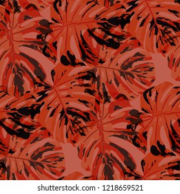 Tropical Pattern. Seamless Texture with Bright Hand Drawn Leaves of Exotic Tree. Summer Rapport for Paper, Cloth, Wallpaper. Vector Seamless Background with Tropic Plants. Watercolor Effect.