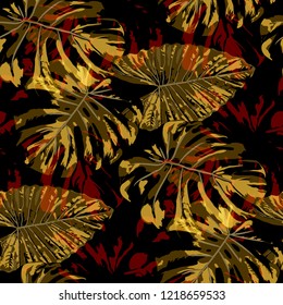 Tropical Pattern. Seamless Texture with Bright Hand Drawn Leaves of Exotic Tree. Trendy Rapport for Calico, Textile, Swimwear. Vector Seamless Background with Tropic Plants. Watercolor Effect.