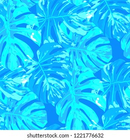 Tropical Pattern. Seamless Texture with Bright Hand Drawn Leaves of Monstera. Summer Rapport for Calico, Textile, Wallpaper. Vector Seamless Background with Tropic Plants. Watercolor Effect.