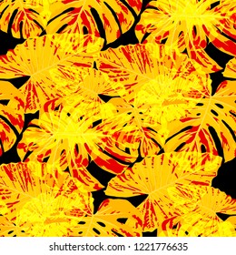 Tropical Pattern. Seamless Texture with Bright Hand Drawn Leaves of Exotic Tree. Summer Rapport for Calico, Textile, Wallpaper. Vector Seamless Background with Tropic Plants. Watercolor Effect.