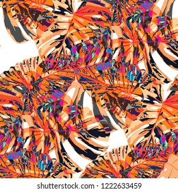 Tropical Pattern. Seamless Texture with Bright Hand Drawn Leaves of Exotic Tree. Trendy Rapport for Calico, Textile, Swimwear. Vector Seamless Background with Tropic Plants. Watercolor Effect.