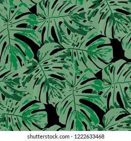 Tropical Pattern. Seamless Texture with Bright Hand Drawn Leaves of Monstera. Spring Rapport for Calico, Textile, Wallpaper. Vector Seamless Background with Tropic Plants. Watercolor Effect.