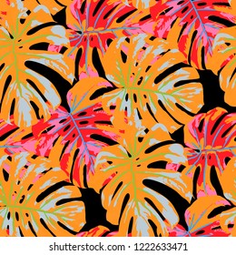 Tropical Pattern. Seamless Texture with Bright Hand Drawn Leaves of Monstera. Spring Rapport for Paper, Cloth, Wallpaper. Vector Seamless Background with Tropic Plants. Watercolor Effect.