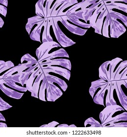 Tropical Pattern. Seamless Texture with Bright Hand Drawn Leaves of Monstera. Trendy Rapport for Paper, Cloth, Fabric. Vector Seamless Background with Tropic Plants. Watercolor Effect.