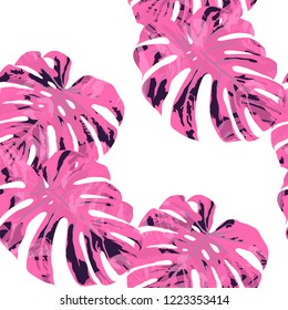 Tropical Pattern. Seamless Texture with Bright Hand Drawn Leaves of Monstera. Summer Rapport for Print, Paper, Swimwear. Vector Seamless Background with Tropic Plants. Watercolor Effect.