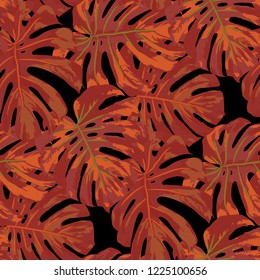 Tropical Pattern. Seamless Texture with Bright Hand Drawn Leaves of Monstera. Summer Rapport for Paper, Cloth, Wallpaper. Vector Seamless Background with Tropic Plants. Watercolor Effect.