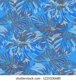 Tropical Pattern. Seamless Texture with Bright Hand Drawn Leaves of Monstera. Summer Rapport for Print, Textile, Swimwear. Vector Seamless Background with Tropic Plants. Watercolor Effect.