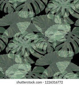 Tropical Pattern. Seamless Texture with Bright Hand Drawn Leaves of Monstera. Summer Rapport for Calico, Textile, Swimwear. Vector Seamless Background with Tropic Plants. Watercolor Effect.