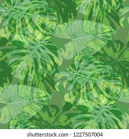 Tropical Pattern. Seamless Texture with Bright Hand Drawn Leaves of Monstera. Summer Rapport for Paper, Textile, Wallpaper. Vector Seamless Background with Tropic Plants. Watercolor Effect.