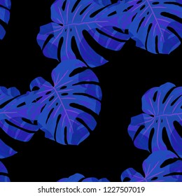 Tropical Pattern. Seamless Texture with Bright Hand Drawn Leaves of Monstera. Summer Rapport for Paper, Cloth, Fabric. Vector Seamless Background with Tropic Plants. Watercolor Effect.