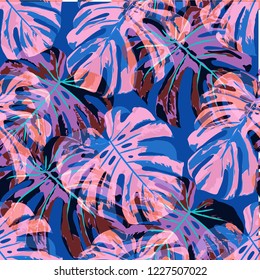 Tropical Pattern. Seamless Texture with Bright Hand Drawn Leaves of Monstera. Summer Rapport for Calico, Textile, Wallpaper. Vector Seamless Background with Tropic Plants. Watercolor Effect.