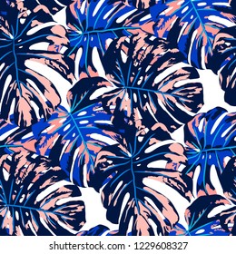 Tropical Pattern. Seamless Texture with Bright Hand Drawn Leaves of Exotic Tree. Trendy Rapport for Print, Paper, Swimwear. Vector Seamless Background with Tropic Plants. Watercolor Effect.