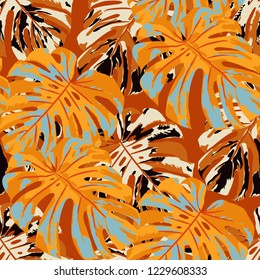 Tropical Pattern. Seamless Texture with Bright Hand Drawn Leaves of Monstera. Bright Rapport for Print, Textile, Swimwear. Vector Seamless Background with Tropic Plants. Watercolor Effect.