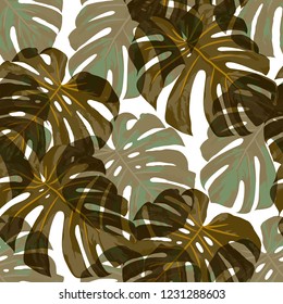 Tropical Pattern. Seamless Texture with Bright Hand Drawn Leaves of Monstera. Spring Rapport for Print, Textile, Fabric. Vector Seamless Background with Tropic Plants. Watercolor Effect.