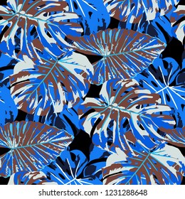 Tropical Pattern. Seamless Texture with Bright Hand Drawn Leaves of Monstera. Summer Rapport for Calico, Textile, Wallpaper. Vector Seamless Background with Tropic Plants. Watercolor Effect.
