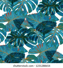Tropical Pattern. Seamless Texture with Bright Hand Drawn Leaves of Exotic Tree. Summer Rapport for Calico, Textile, Wallpaper. Vector Seamless Background with Tropic Plants. Watercolor Effect.