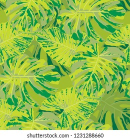 Tropical Pattern. Seamless Texture with Bright Hand Drawn Leaves of Exotic Tree. Spring Rapport for Paper, Cloth, Wallpaper. Vector Seamless Background with Tropic Plants. Watercolor Effect.