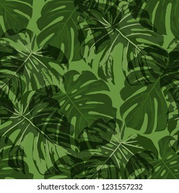 Tropical Pattern. Seamless Texture with Bright Hand Drawn Leaves of Monstera. Bright Rapport for Calico, Textile, Wallpaper. Vector Seamless Background with Tropic Plants. Watercolor Effect.