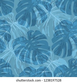 Tropical Pattern. Seamless Texture with Bright Hand Drawn Leaves of Exotic Tree. Spring Rapport for Print, Cloth, Fabric. Vector Seamless Background with Tropic Plants. Watercolor Effect.