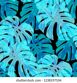 Tropical Pattern. Seamless Texture with Bright Hand Drawn Leaves of Monstera. Trendy Rapport for Print, Paper, Swimwear. Vector Seamless Background with Tropic Plants. Watercolor Effect.