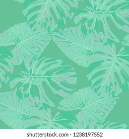 Tropical Pattern. Seamless Texture with Bright Hand Drawn Leaves of Monstera. Spring Rapport for Print, Cloth, Fabric. Vector Seamless Background with Tropic Plants. Watercolor Effect.