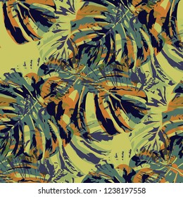 Tropical Pattern. Seamless Texture with Bright Hand Drawn Leaves of Monstera. Spring Rapport for Calico, Textile, Swimwear. Vector Seamless Background with Tropic Plants. Watercolor Effect.