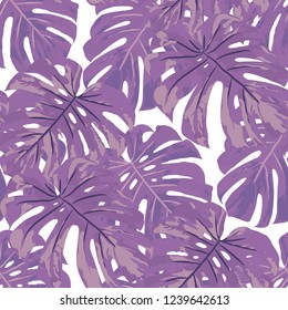 Tropical Pattern. Seamless Texture with Bright Hand Drawn Leaves of Monstera. Trendy Rapport for Print, Paper, Swimwear. Vector Seamless Background with Tropic Plants. Watercolor Effect.
