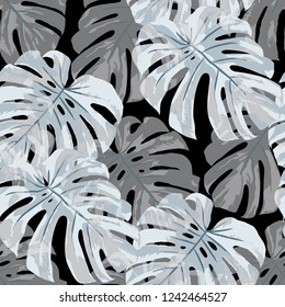 Tropical Pattern. Seamless Texture with Bright Hand Drawn Leaves of Monstera. Trendy Rapport for Print, Textile, Fabric. Vector Seamless Background with Tropic Plants. Watercolor Effect.