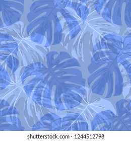 Tropical Pattern. Seamless Texture with Bright Hand Drawn Leaves of Monstera. Spring Rapport for Calico, Textile, Swimwear. Vector Seamless Background with Tropic Plants. Watercolor Effect.